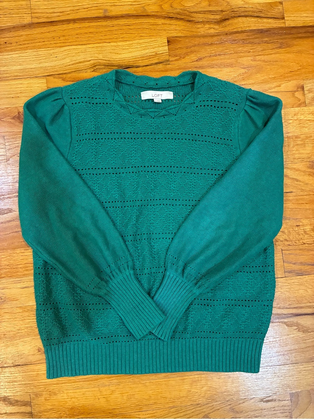 LOFT Puff Sleeve Pointelle Knit Pullover Sweater in emerald green